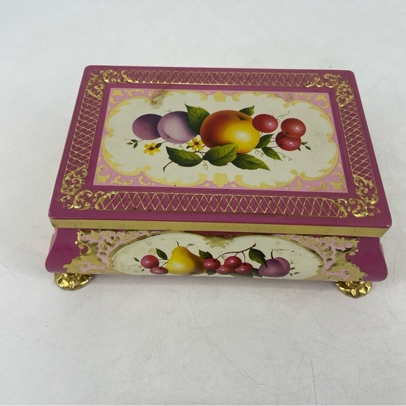 Vintage Frida & Nada Western Germany Fruit Motif Footed Pink & Gilt Metal Tin - Picture 2 of 7
